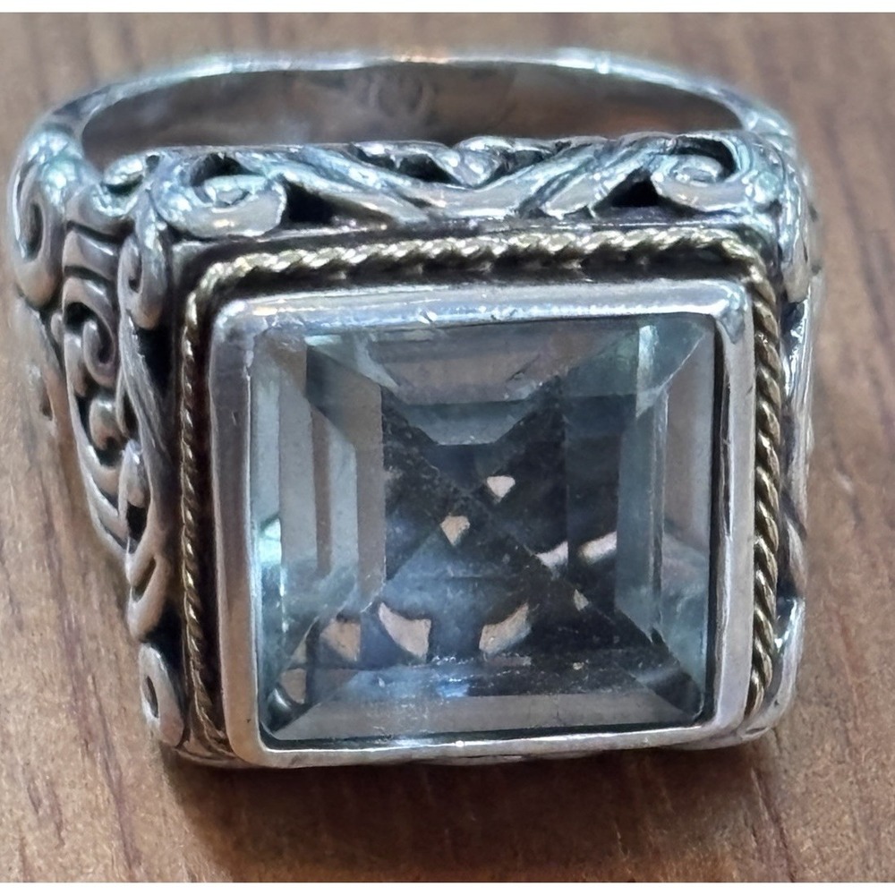 Sterling Silver/18k Filigreed Square PrasioliteStatement Ring Size 8